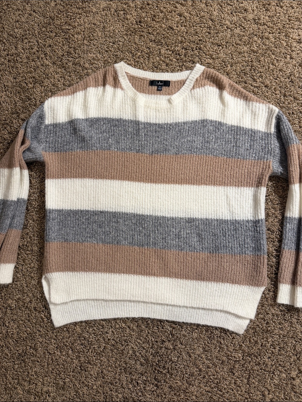 Lulu's Cream, Gray & Tan Wide-Stripe Knit Crewneck Sweater